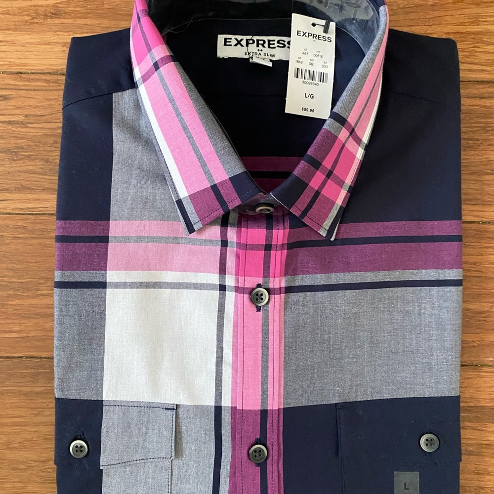 Express Men's Bold Plaid Shirt in Navy and Pink